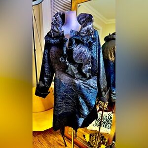 metallic blue/ silver dress or duster with ruffles in from collar and down